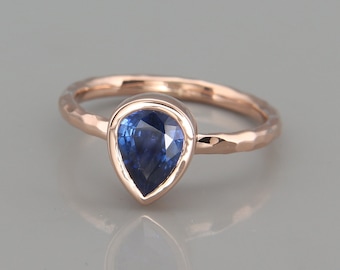 14k Rose Gold Pear Blue Sapphire Ring | Natural Teardrop Blue Sapphire Stack Ring | Stackable Sapphire Ring | September birthstone ring