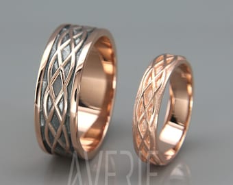 14K Rose Gold Black and Bright Celtic Wedding Rings Set | Handmade 14k rose gold Eternity wedding Rings | His and Hers Wedding Bands Set