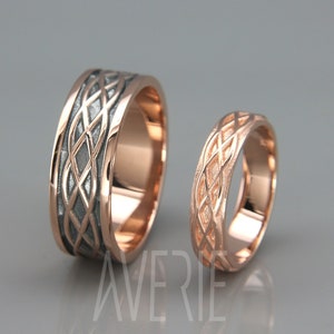 14K Rose Gold Black and Bright Celtic Wedding Rings Set | Handmade 14k rose gold Eternity wedding Rings | His and Hers Wedding Bands Set