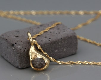 Solid 14K Gold Nugget Raw Diamond Necklace | 14k recycled gold pendant set with a raw rough diamond