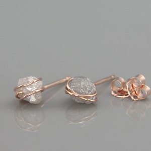 14K Rose Gold White/Silver Raw Uncut Diamond Earrings | Solid 14K Rose Gold Earrings set with rough diamonds | Uncut Diamonds Earrings