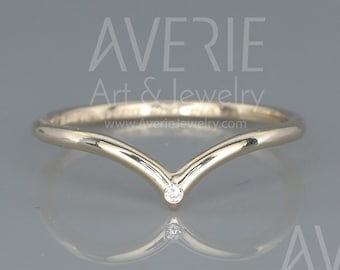 Anillo de boda Wish Bone con diamante / Anillo de boda Wish Bone de oro de 14k con diamante / Anillo de boda apilable