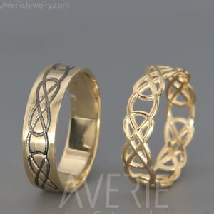14K Black and Bright Gold Celtic Knot Wedding Rings Set | Handmade 14k gold Celtic wedding Rings | His and Hers Wedding Bands Set