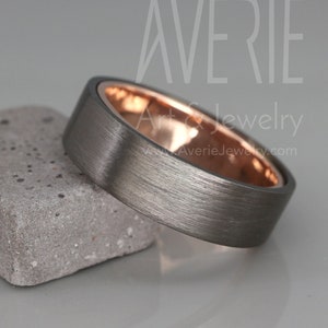 Black Zirconium & 14k Rose Gold Men Wedding Band with Brushed finish  | Black Zirconium Wedding Band | 5mm, 6mm, 7mm men wedding ring