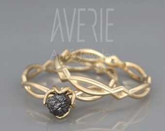 Anillo de compromiso de diamante negro natural en bruto sin tallar / Anillo de oro de 14k engastado con diamante negro natural redondo en bruto / Anillo de diamante negro en bruto