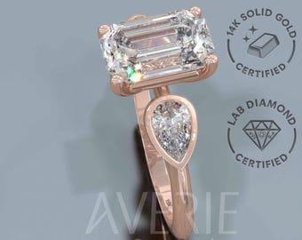 14k Three Stone Emerald Diamond Engagement Ring. 14k rose gold engagement Three Stones ring set with Emerald and Pear lab grown diamonds