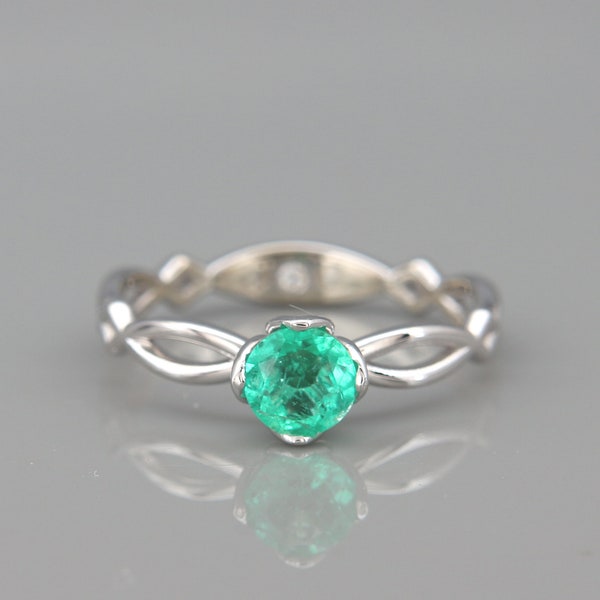 Celtic Emerald Engagement Ring  | 14k White gold ring set with natural Emerald and a complimentary hidden diamond