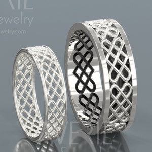 14K White Gold Black and Bright Celtic Wedding Rings Set | Handmade 14k white gold Matching wedding Rings | His and Hers Wedding Bands Set