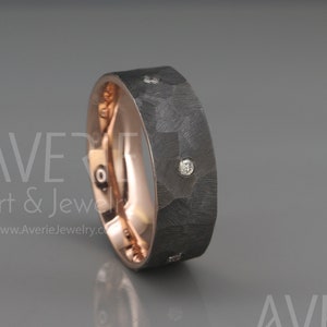 14K Rose Gold Diamond Men Wedding Band | Handmade solid 14k Black gold Faceted/Textured men wedding band with diamond | 3mm 4mm 5mm 6mm 7mm