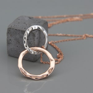 Solid 14K Rose and White Gold Bonded Circles Necklace | Handmade Solid 14K White and Rose Gold  Circles Pendant Matte/Polished