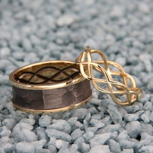 14K Gold Black and Bright Celtic Wedding Rings Set | Handmade 14k gold Matching wedding Rings | His and Hers Wedding Bands Set
