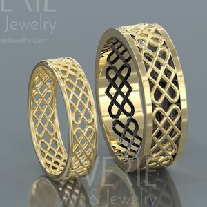 14K Gold Black and Bright Celtic Love Knot Wedding Rings Set | Handmade 14k gold Eternity wedding Rings | His and Hers Wedding Bands Set
