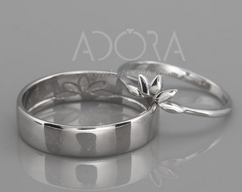 White Gold Marquise Wedding Rings Set | Unique solid 14k white gold wedding rings in marquise leaf style | His and Hers wedding rings