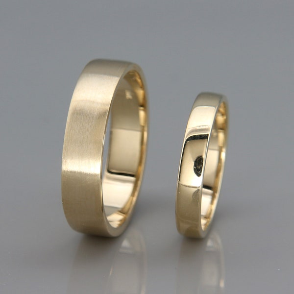 Solid 14K Gold Wedding Handmade Bands Set | Wedding 5mm and 3mm Rings Set | His and Hers Wedding Bands Set