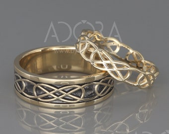 Conjunto de alianças de casamento celtas em ouro 14k preto e brilhante | Alianças de casamento eternas feitas à mão em ouro 14k | Conjunto de alianças de casamento para ele e para ela
