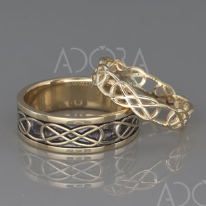 14K Gold Black and Bright Celtic Wedding Rings Set | Handmade 14k gold Eternity wedding Rings | His and Hers Wedding Bands Set