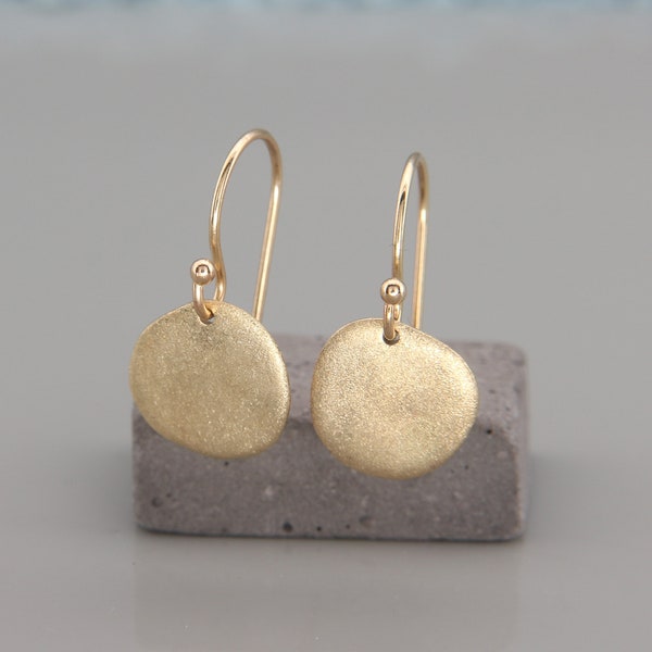 Solid 14K Recycled Gold Disc Earrings | Stardust Solid 14K Gold Dangle Earrings | Ear Wire Dangle Gold Earrings