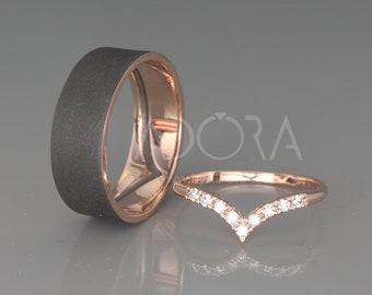 14K Rose Gold Wish Bone Wedding Rings Set With Diamonds Diamond