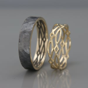 14K Gold Black and Bright Celtic Wedding Rings Set | Handmade 14k gold Celtic wedding Rings | His and Hers Wedding Bands Set