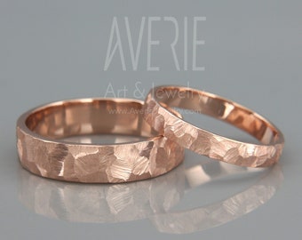 Rose Gold Textured Wedding Band Set | His and Hers hammered wedding ring set | 14K Rose Gold rustic Wedding Band Set