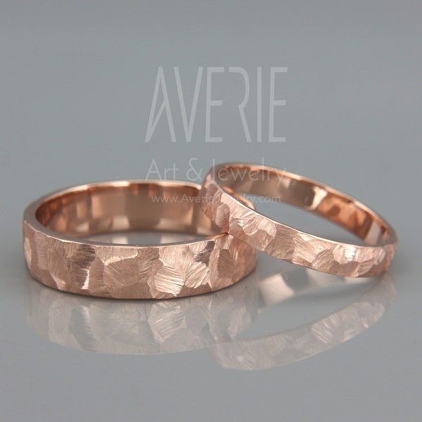 Rose Gold Textured Ehering Set | Seine und Sie gehämmert Ehering Set | 14K Rose Gold rustikales Ehering Set