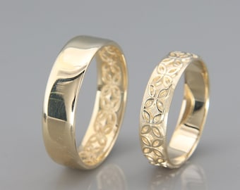 14K Gold Celtic Flower Wedding Rings Set | Handmade 14k gold celtic flower wedding Rings | His and Hers Wedding Bands Set