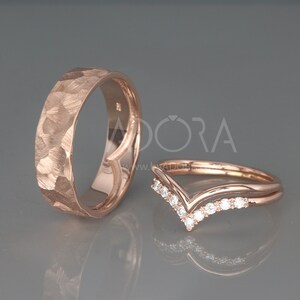 14K Rose Gold Wish Bone Wedding Rings Set with Diamonds | 14k rose gold Diamond Wish Bone wedding Rings | His and Hers Wedding Bands Set