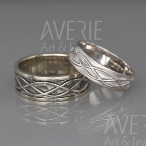 14K White Gold Black and Bright Celtic Wedding Rings Set | Handmade 14k white gold Eternity wedding Rings | His and Hers Wedding Bands Set
