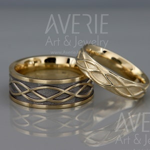 14K Gold Black and Bright Celtic Wedding Rings Set | Handmade 14k gold Eternity wedding Rings | His and Hers Wedding Bands Set