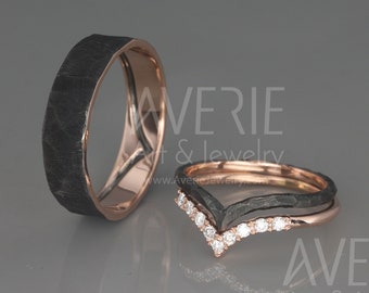 14K Rose Gold Wish Bone Wedding Rings Set with Diamonds | Diamond WishBone wedding Rings | His and Hers Black Rhodium Wedding Bands Set