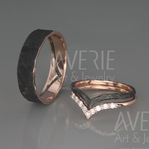 14K Rose Gold Wish Bone Wedding Rings Set with Diamonds | Diamond WishBone wedding Rings | His and Hers Black Rhodium Wedding Bands Set