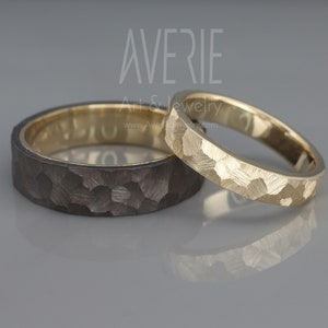 Black and Bright 14k Gold Faceted Wedding Rings Set | Black Zirconium & 14k Gold Men Wedding Bands Set 3mm, 4mm, 5mm, 6mm