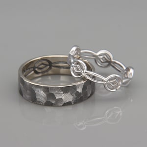 14K White Gold Black and Bright Celtic Wedding Rings Set | Handmade 14k white gold Celtic wedding Rings | His and Hers Wedding Bands Set