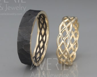 Conjunto de alianças de casamento celtas em ouro 14k preto e brilhante | Alianças de casamento celtas feitas à mão em ouro 14k | Conjunto de alianças para ele e para ela