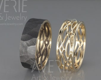 Conjunto de alianças de casamento góticas em ouro 14k preto e brilhante | Alianças de casamento celtas feitas à mão em ouro 14k | Conjunto de alianças para ele e para ela