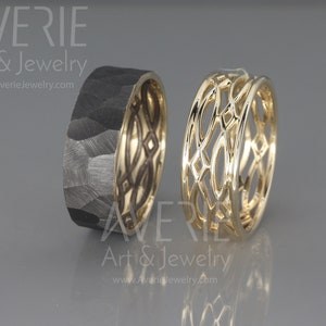 14K Gold Black and Bright Celtic Wedding Rings Set | Handmade 14k gold Celtic wedding Rings | His and Hers Wedding Bands Set