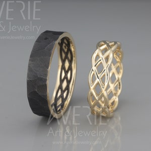 14K Gold Black and Bright Celtic Wedding Rings Set | Handmade 14k gold Celtic wedding Rings | His and Hers Wedding Bands Set