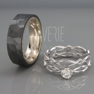14k White Gold and Black Zirconium Celtic Engagement Ring and Wedding Rings Set | 14k white gold ring with Diamond & Matching wedding rings