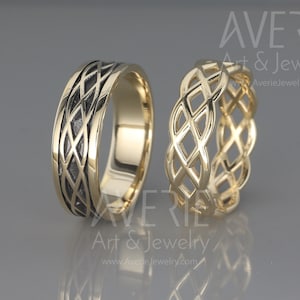 14K Gold Black and Bright Celtic Wedding Rings Set | Handmade 14k gold Eternity wedding Rings | His and Hers Wedding Bands Set