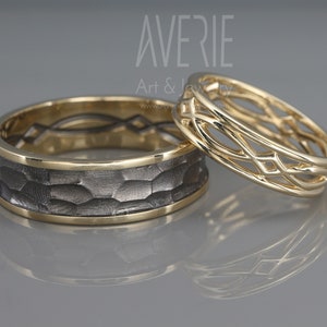 14K Gold Black and Bright Celtic Wedding Rings Set | Handmade 14k gold Matching wedding Rings | His and Hers Wedding Bands Set