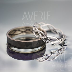 14K White Gold Black and Bright Celtic Wedding Rings Set | Handmade 14k white gold Celtic wedding Rings | His and Hers Wedding Bands Set