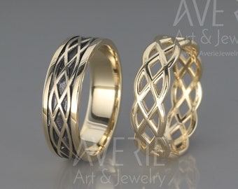 Conjunto de alianças de casamento celtas em ouro 14k preto e brilhante | Alianças de casamento eternas feitas à mão em ouro 14k | Conjunto de alianças de casamento para ele e para ela