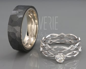 14k White Gold and Black Zirconium Celtic Engagement Ring and Wedding Rings Set | 14k white gold ring with Diamond & Matching wedding rings