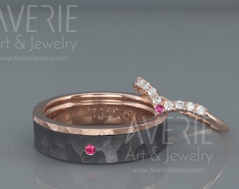 14K Rose Gold Wish Bone Wedding Rings Set with Diamonds and Ruby | His and Hers Black Rhodium Wedding Bands Set With Diamonds and Ruby
