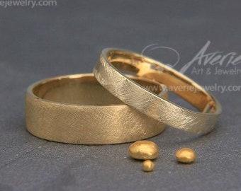 Solid gold rustic wedding bands Set | His and Hers handmade rings set in rustic style | 3mm, 4mm, 5mm, 6mm
