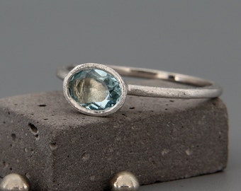 March's Birthstone Aquamarine Ring | Handmade solid 14k white gold ring set with a natural Aquamarine stone