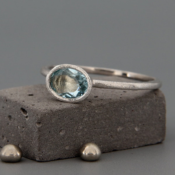 March's Birthstone Aquamarine Ring | Handmade solid 14k white gold ring set with a natural Aquamarine stone