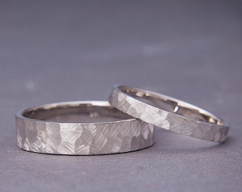 Conjunto de alianças de casamento texturizadas em ouro branco | Conjunto de alianças marteladas para ele e para ela | Conjunto de alianças de casamento rústicas em ouro branco 14K