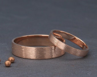 14k Rose Gold Rough Brushed wedding Bands Set | 14K Matching Brushed Wedding Rings set 3mm, 4mm, 5mm, 6mm | His and His Bands Set