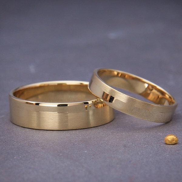 14K Gold Wedding Bands Set | Handmade polished/matte wedding Rings  His and Hers Wedding Bands Set 3mm, 4mm, 5mm, 6mm